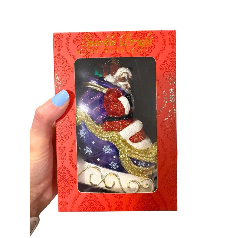 NIB Christopher Radko Sparkle Bright Ornament Santa‎ In Blue Sleigh Glitter